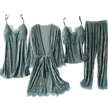 

Women New Velour Pajamas Set Lace Trim 4PCS Sleepwear Kimono Gown Female Velvet Pyjamas Suit Loose Sleep Set Home Clothing