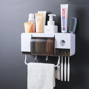 

Toothbrush Holder Automatic Toothpaste Dispenser Bathroom Storage Rack Organizer Washroom Accessories Set Towel Holder Tools