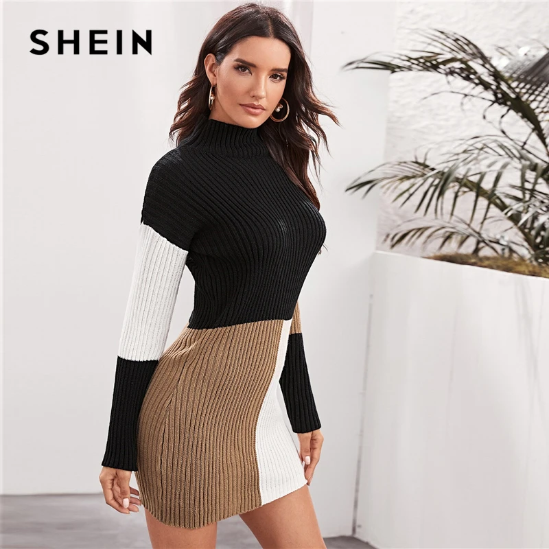 SHEIN Cut and Sew Bodycon Sweater Dress Without Belt Women Autumn Winter Stand Collar Knitted Straight Elegant Pencil Dresses