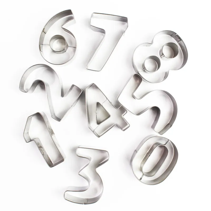 9PCS Hot Cookie Cutters Moulds 9PCS/Set Puzzle Numbers 0-9 Arabic Numerals Cute Candy Biscuit Mold DIY Baking Tools Stainless Steel - Color: 9PCS
