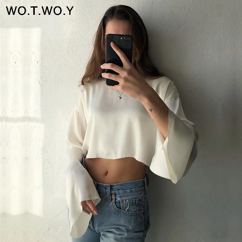 WOTWOY Summer Silk Crop Tops Women High Street Flare Sleeve Chiffon Blouses Women Navel White Blouse Shirt Female Blusa 2020 New WOTWOY Summer Silk Crop Tops Women High Street Flare Sleeve Chiffon Blouses Women Navel White Blouse Shirt Female Blusa 2020 New