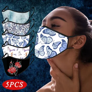 

5PCS Tie-Dye Face Mask Rose Flower Prints Washable Reusable Mask for face Adults Dragonflies Mouth Mask Butterfly Mascarillas