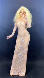 Celebrate Costume Wedding Long Sleeves Flashing Rhinestone Pearls Transparent Evening  Dress Evening Birthday  Dancer Prom Party