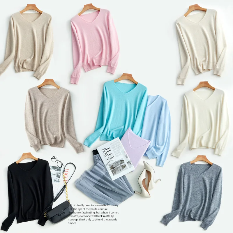 SuyaDream Women Sweaters High Quality 100%Cashmere Basic V neck Pullovers 2021 Fall Winter Simple Chic Knit Wear