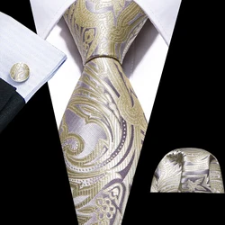 Light Yellow Paisley Mens Wedding Tie 8.5cm Silk Neckties Business Handkerchief Cufflink Tie Men Gift Set Barry.Wang FA-5407
