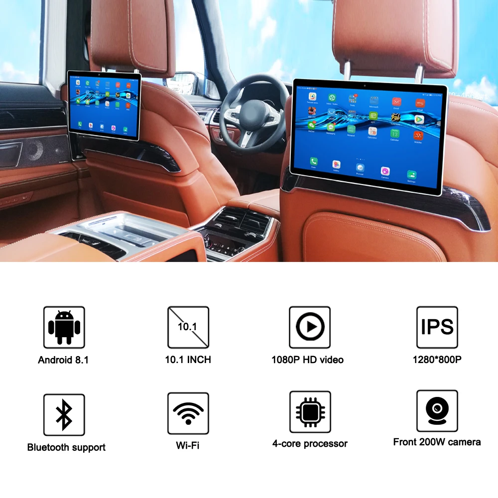 10,1-дюймовый автомобильный монитор на подголовник Android, HD IPS сенсорный экран, Wi-Fi, Bluetooth, Автомобильный дисплей, USB, SD, ультратонкая камера
