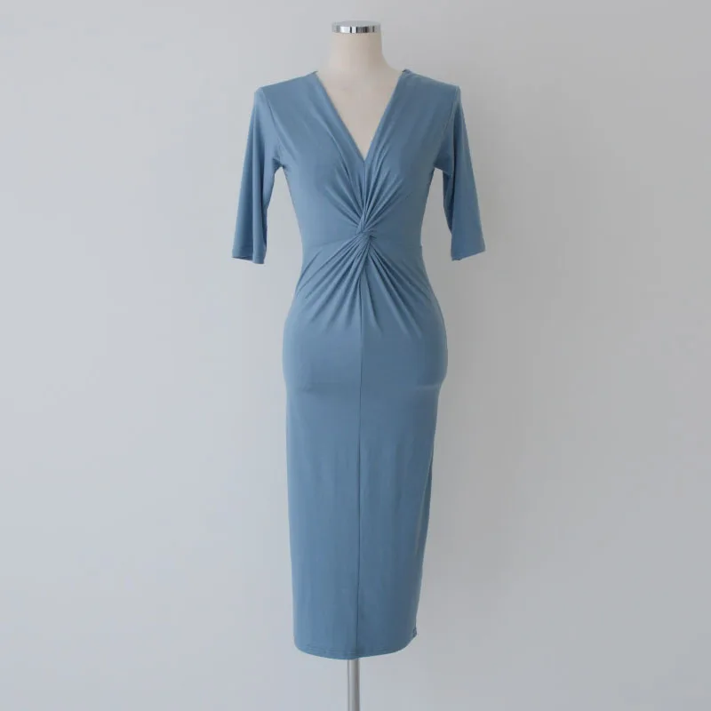 2020 Dress Ladies Summer Retro Cotton Dress Korean Elegant Office V-Neck Slim Fold Bag Hip Waist Slimming Mid Dress Women