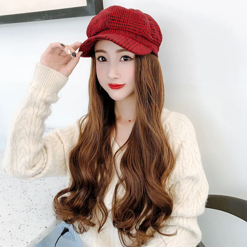 Beret Cap with Wigs Hats Hair Synthetic Short Hair Hat for Women