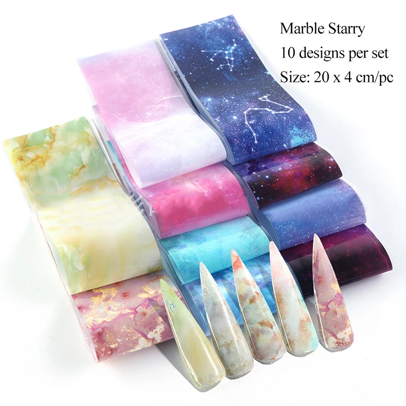10 pcs/pack Nail Art Transfer Foils for Manicure Marble Shining Stone Designs Transfer Stickers Starry Sky Adhesive Wraps Decal