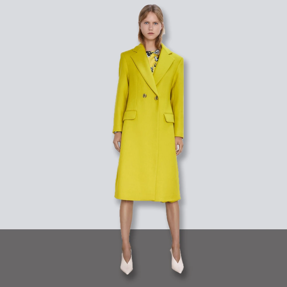 

2019 Fall Winter Women Yellow Slim Wool Coats Simple Classic Maxi Long Coat Female Outerwear Manteau Femme Abrigos Street Party