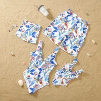 Family Matching Swimsuits Floral Printed Mom And Me Swimwear Women Girl Bathing Suits Men Boy Trunks Couples Holiday Beachwear 2