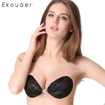 

EKOUAER Women Self Adhesive Strapless Bras Solid Lace Silicone Bra Stick Gel Invisible Push-up Bra Female Underwear Bra