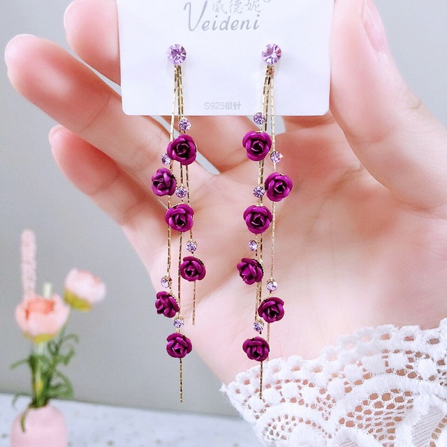 Rose Petal Drop Earrings for Women Crystal Rhinestone Flower Long Tassel Dangle Earrings Female Wedding Party Jewelry Gi