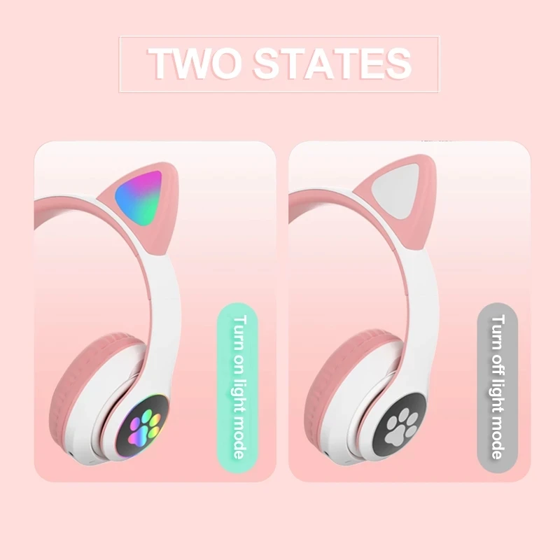 Bluetooth Headphone Pink Cat Ear Headset Wireless Headphones LED Light Stereo Music earpphones Girl Headset for PC