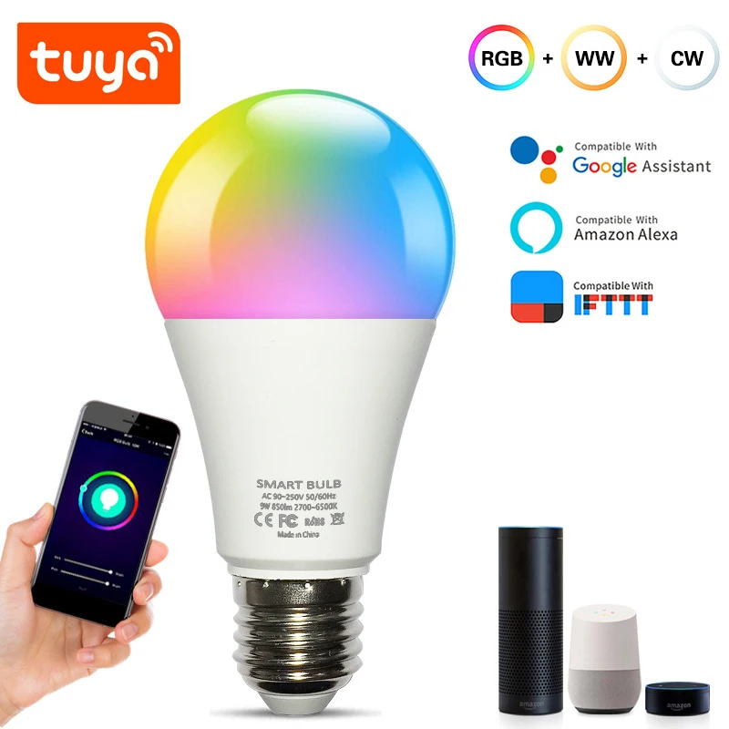 Умсветильник лампочка E27 RGB с Wi-Fi приглушаемая LED лампа управлением голосом и