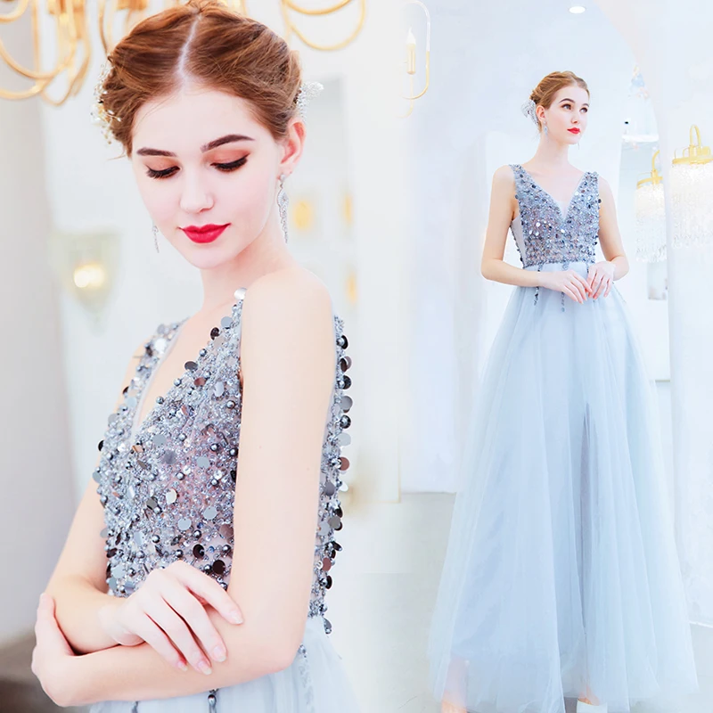 Robe De Soiree V образным вырезом Вечерние платья кристаллы, блестки сверкающие платья для выпускного вечера тюль Винтаж Вечернее торжественное платье Abendkleid