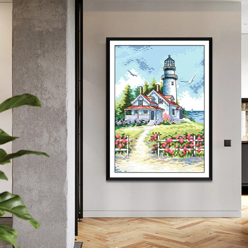 Seaside Lighthouse DIY Stamped Cross Stitch Kit Pre-printed Patterns Beautiful Scenery Home Wall Decoration Needlework Craft