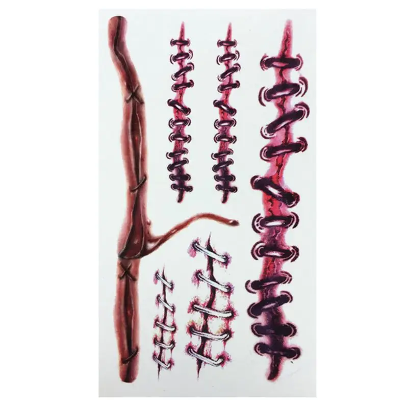 10 Sheets Halloween Waterproof Temporary Tattoo Sticker Horror Realistic Fake Bloody Wound Stitch Scar Scab Cosplay Makeup Props - Цвет: G