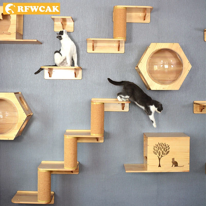 RFWCAK Wall Mounted Cat Climbing Frame Sisal Scratching Post Cat Tree ...