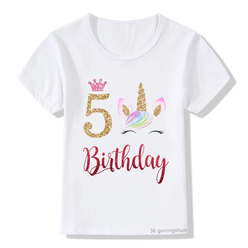 

Unicorn Crown Print Children's T-shirt 5 6 7 8 9th Birthday Gift Girls T Shirt Summer Tops Kid Clothes Graphic T Shirts