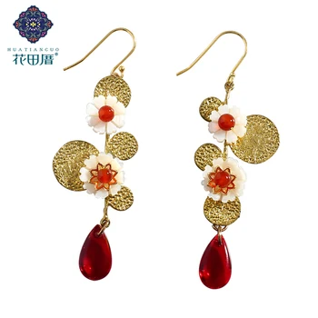 

Alloy Leaves Red Teardrop-shaped J ade Ethnic Dangle Earring Round White Shell Flower Handmade Woman Jewelry Accessories EZ18061