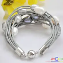 15row " 13 мм черный белый серый рис жемчуг серый кожаный браслет