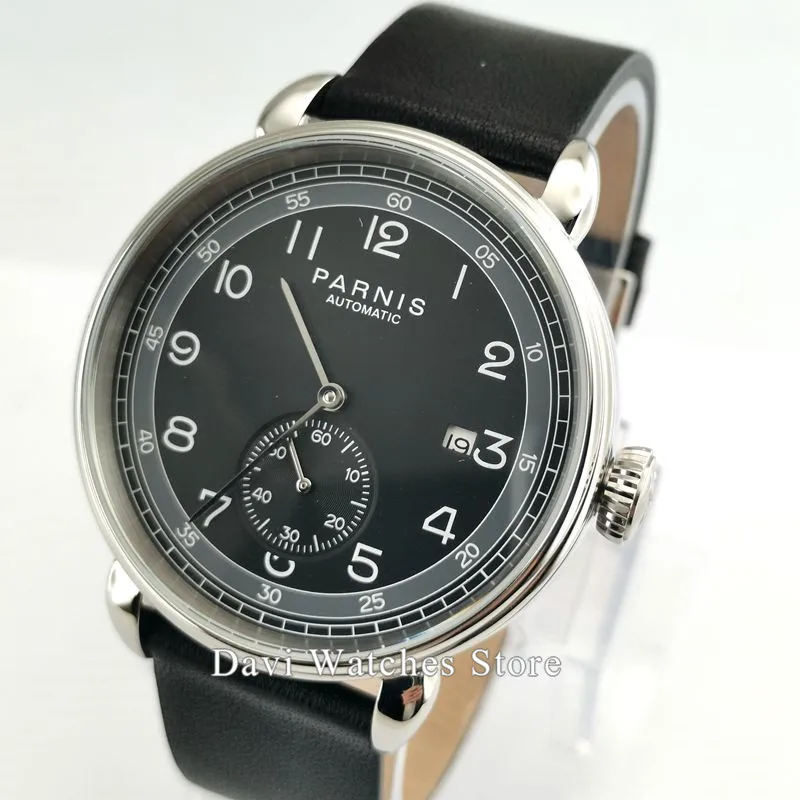 

Men's Watch Parnis 42mm Top Brand Mechanical Man Watch Silver Watch Case Black Dial Date Leather Automatic Male Watch