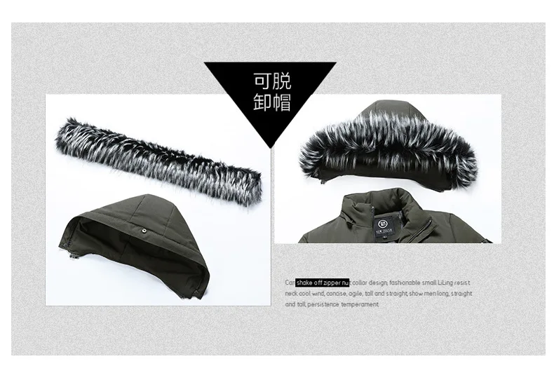 Одежда с хлопковой подкладкой, мужское модное плотное пальто с меховым воротником, зимнее повседневное теплое хлопковое пальто с капюшоном, Тренч средней длины