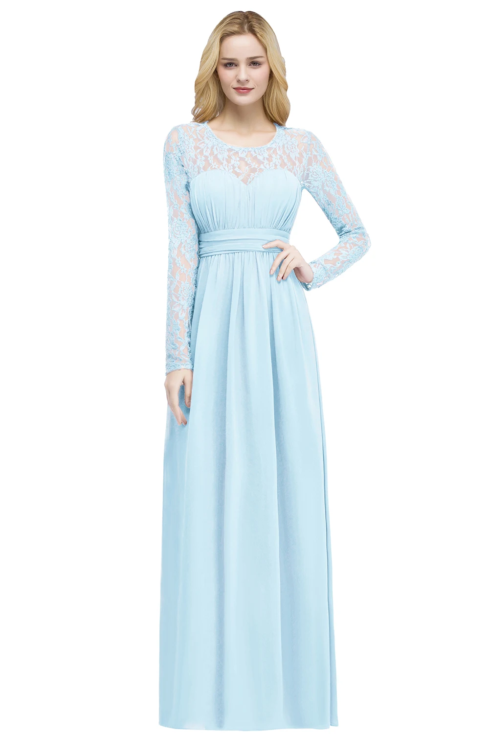 Sky Blue Robe De Soiree Longue в новые элегантные длинные кружевные вечерние платья шифоновые вечерние платья с круглым вырезом дешевые платья - Цвет: Sky Blue