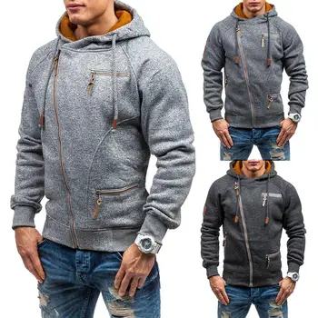 

Sweatshirt Men Casual Outdoor sports Gym Autumn Winter Solid Color Diagonal Zipper Drawstring Hood Loose Hoodies