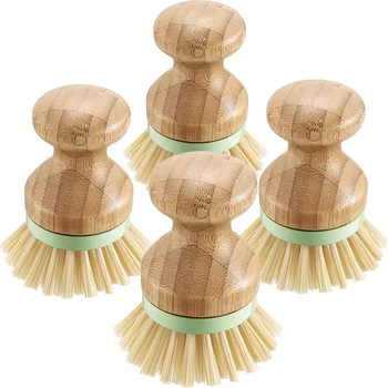 

Promotion! 4 Pieces Bamboo Mini Scrub Brush Coconut Bristles Pot Brushes Dish Scrubber for Cast Iron Skillet, Kitchen Sink, Bath