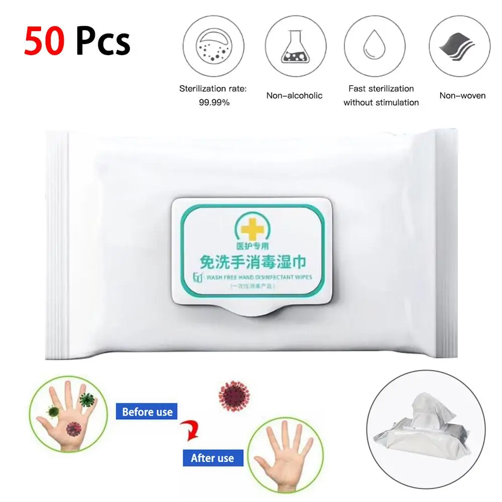 

2020 New 50Pcs/Box Hand-washing-free Disinfection Wet Towel (No alcohol) Wet Wipes Do Sterilization First Aid Home Makeup Wipes