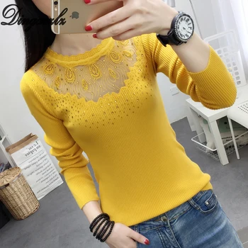 

Autumn Winter Sexy Women Pullovers Patchwork diamond Knitted Sweater Tops Slim embroidery lace shirt