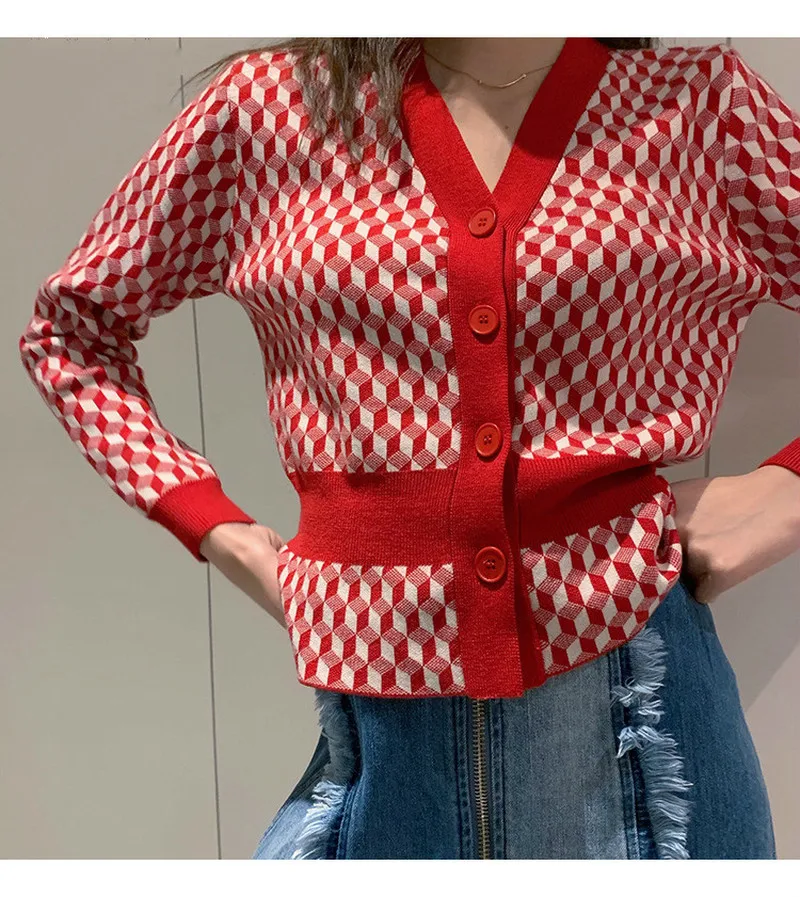 

Sweater Women V-neck Knitted Cardigan Autumn Winter Clothes Women Korean Top Vintage Red Knitted Coats Outerwear sweter