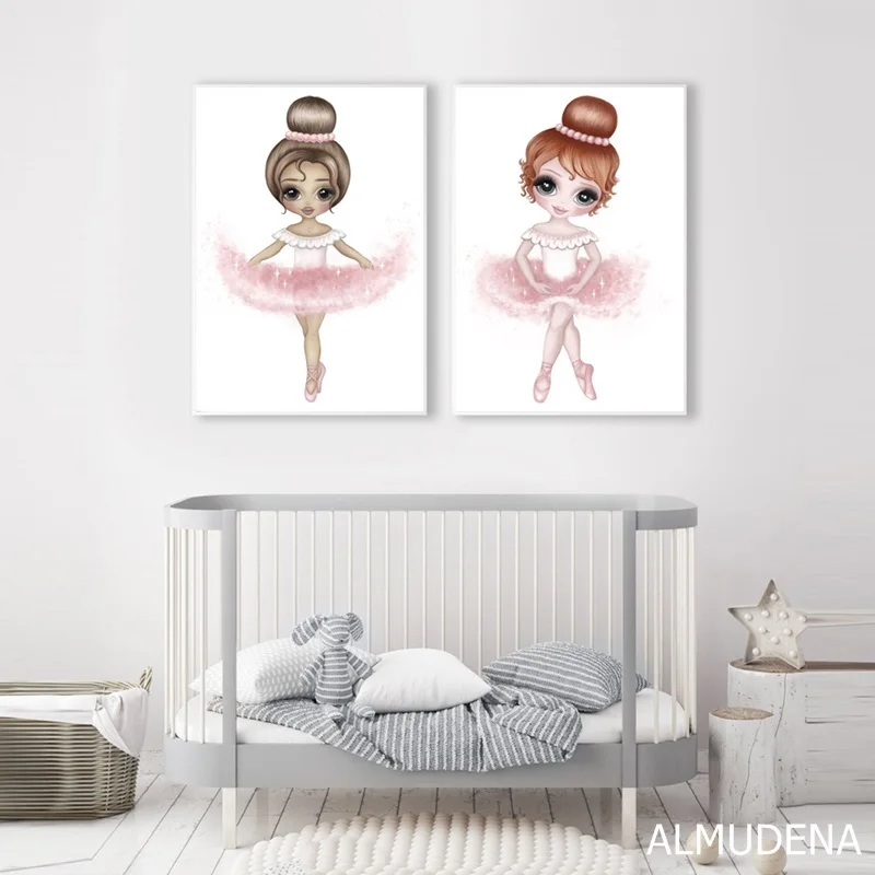 Девочка танец балет детская комната стены искусства холст плакат и принты розовый мультфильм живопись скандинавские Дети украшения Картина декор комнаты