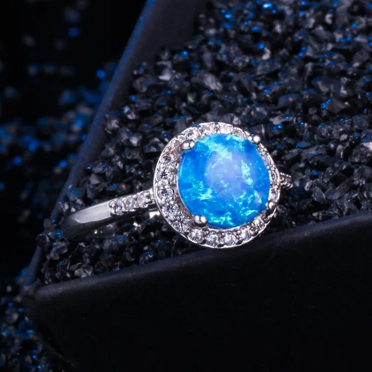 Luxury Round Blue Opal Rhinestone Wedding Rings for Women Fashion Silver Color Engagement Party Fine Jewelry Ring