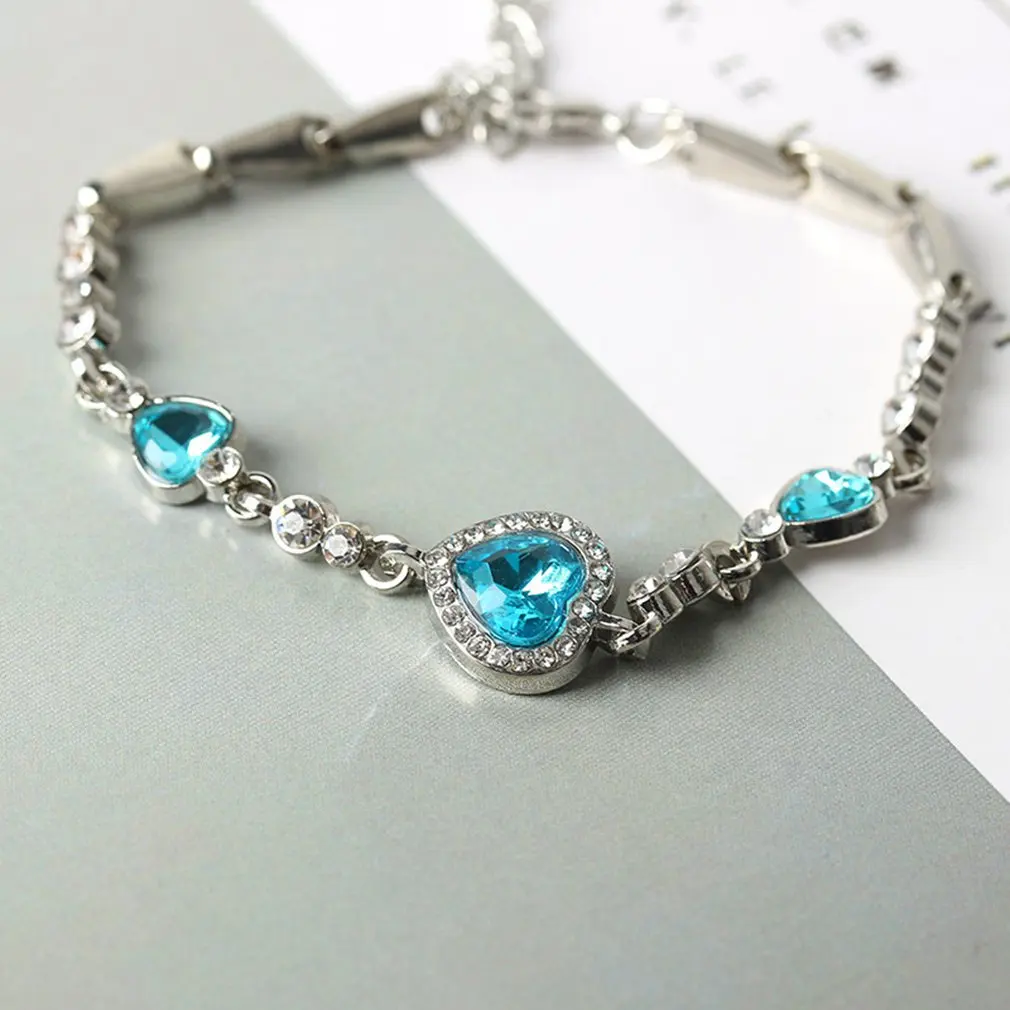 

2020 Fashion Hottest Ladies Crystal Rhinestone Bangle Ocean Blue Bracelet Chain Heart Jewelry Accessories Party Gifts