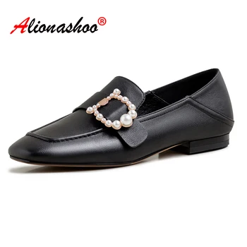 

Women Natural Genuine Leather Flat Boat Shoes Pearl Buckle Real Leather Round Toe Casual Shoes Ladies White Black Size 34-39