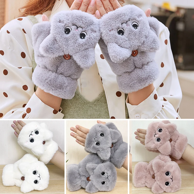Winter Warm Plush Rabbit Catoon Cat Fur Knit Mittens Women Flip Half finger Gloves Thick Cute Cat Touchscreen Gloves 1Pair