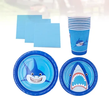 

40pcs Shark Theme Disposable Tableware Paper Cup Plates Napkins Set Lovely Shark Pattern Dinnerware Set Party Supplies (8 7 Inch
