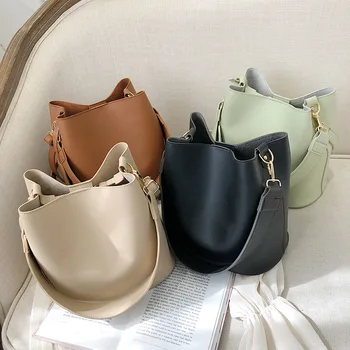 

2020 New Arrival Elegant Solid Color PU Crossbody Women Portable Handle Leather Shoulder Totes Purse Female Simple Bucket Bag