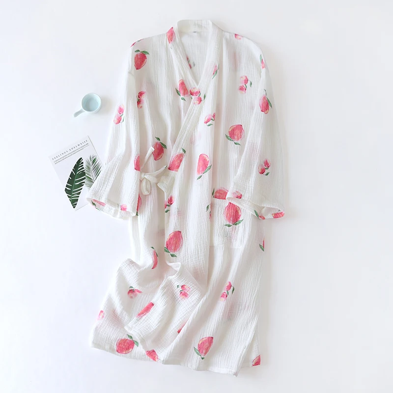 

Spring Women Casual Comfortable Robes Pajamas Gauze Crepe Cotton Loose Print Kimono Thin Bathrobe Hanfu Home Clothes Sleepwear