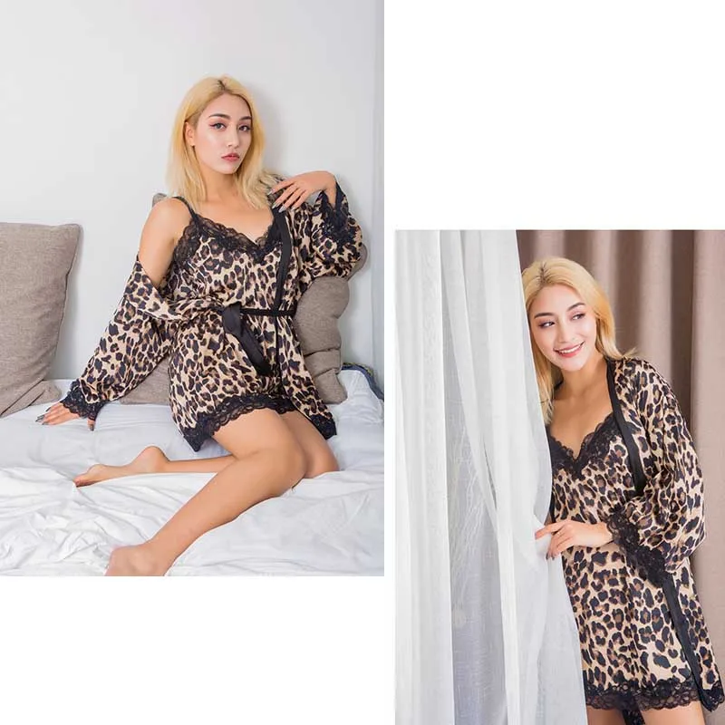 Новые Сексуальные женские пижамы из 5 предметов, Осенние кружевные шелковые женские пижамы с леопардовым принтом, шелковые женские пижамы с нагрудники, домашний сервис