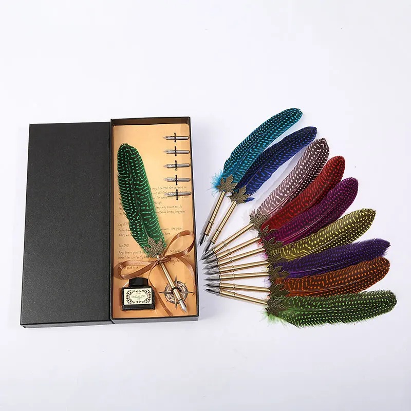 

New Delicate Feather Pen Personality Design Gift Box Packaging Stationery Set Stainless Steel Simple Retro Texture Pen Body