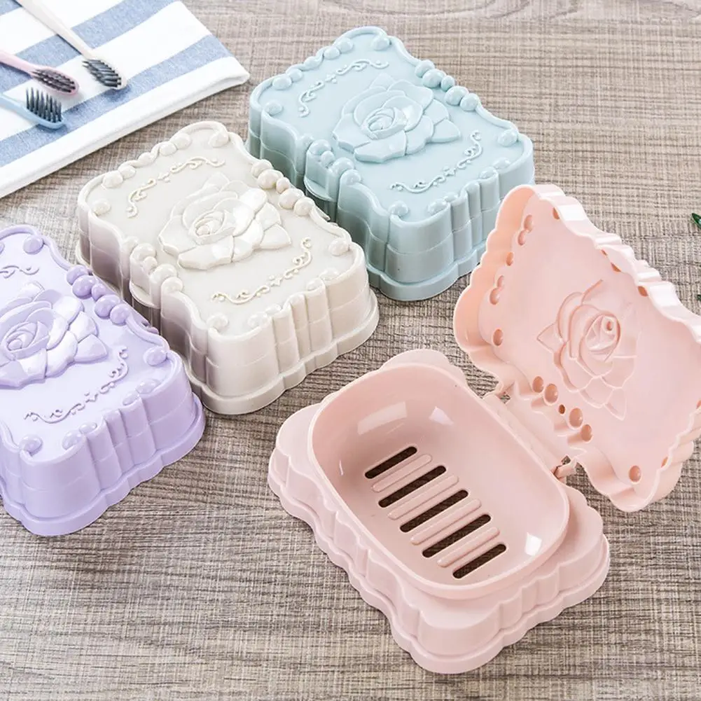 

Soap Holder box Rose Pattern Soap Dish Holder Storage Box Bathroom Travel Case Rack with Lid bathroom accessories Soap Organizer