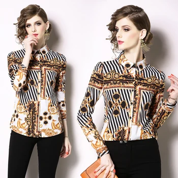 

Totem print shirt women spring and autumn lapel long sleeve temperament tops fashion office wear temperament white collar