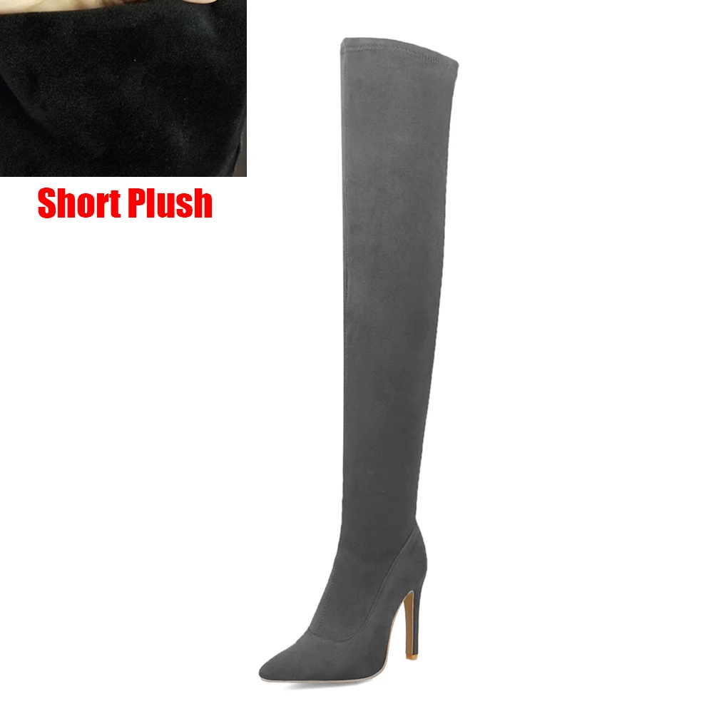 BONJOMARISA/брендовые Сапоги выше колена с острым носком размера плюс 32-48 пикантные женские вечерние сапоги до бедра г. Женская обувь на высоком каблуке - Цвет: grey 1 short plush