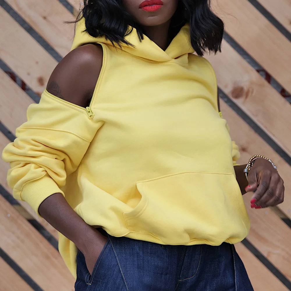 

2020 Fashion Sexy Backless Women Hoodie Plus Size Sweatshirt Off Shoulder Design Solid Black Hoodies Yellow Loose Pocket Zipper