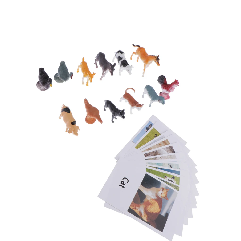 Montessori Learning Materials Toy - 12pcs Miniature Farm Animal Figure Match Set Matching Cards Game