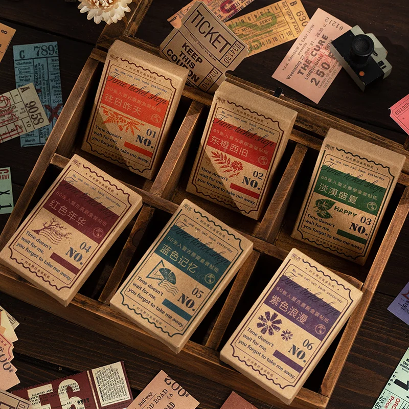 Decorative stickers paper stickers vintage boxed 60 pcs ticket style retro decor stickers for scrapbooking